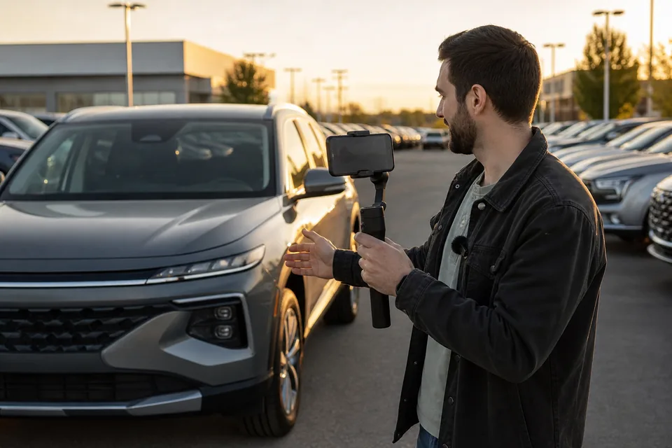 Car creator filming a walkaround video of a new SUV on a phone gimbal in a dealership lot at golden hour