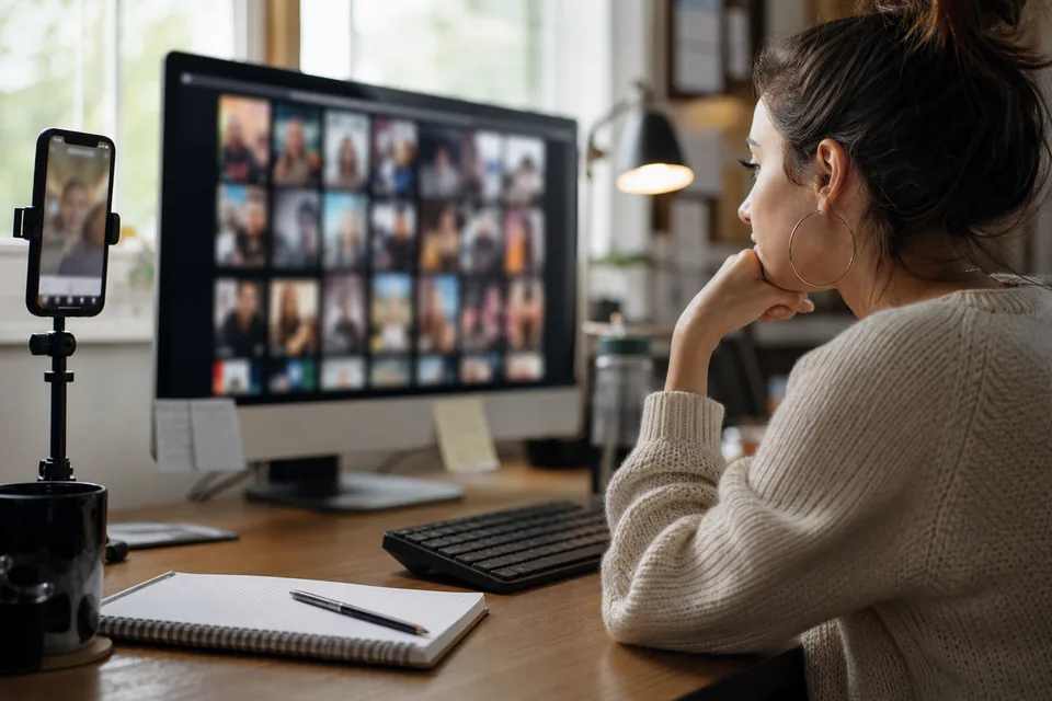 Social media manager at a desk reviewing a grid of short vertical customer videos on a large monitor