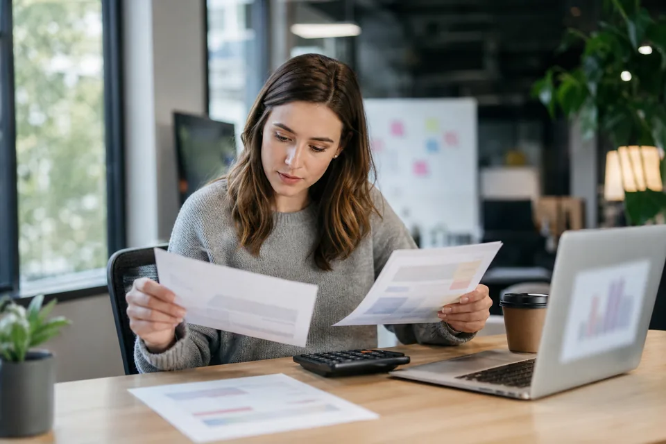 Social media manager comparing two printed software quotes with a calculator at an office desk