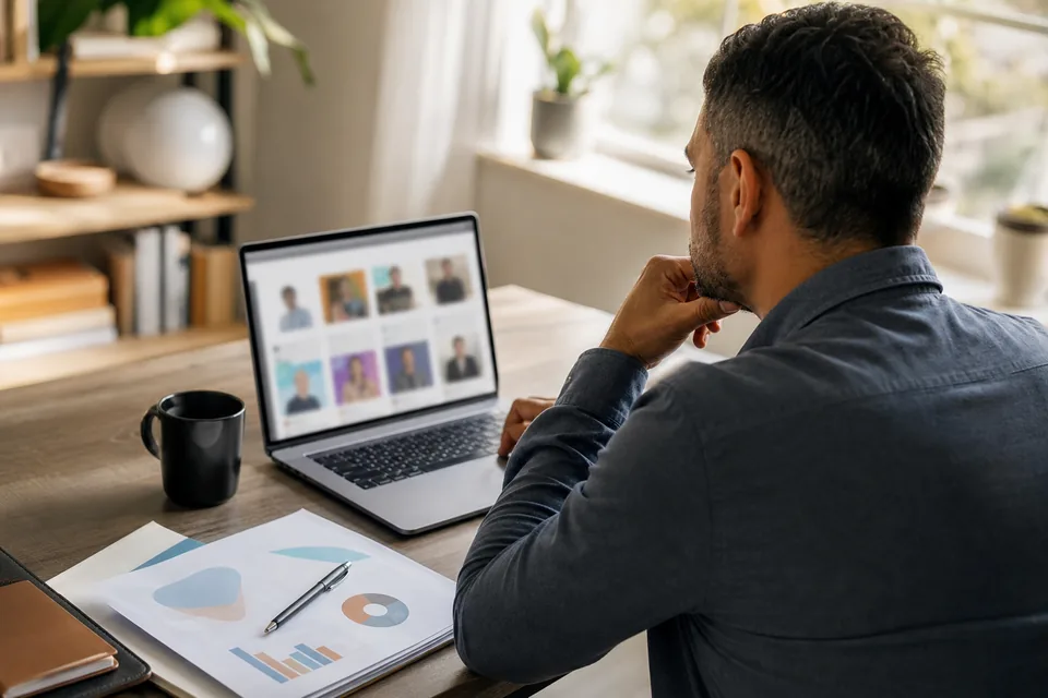 Brand marketing lead reviewing a shortlist of creator profiles on a laptop with a monthly budget sheet beside it