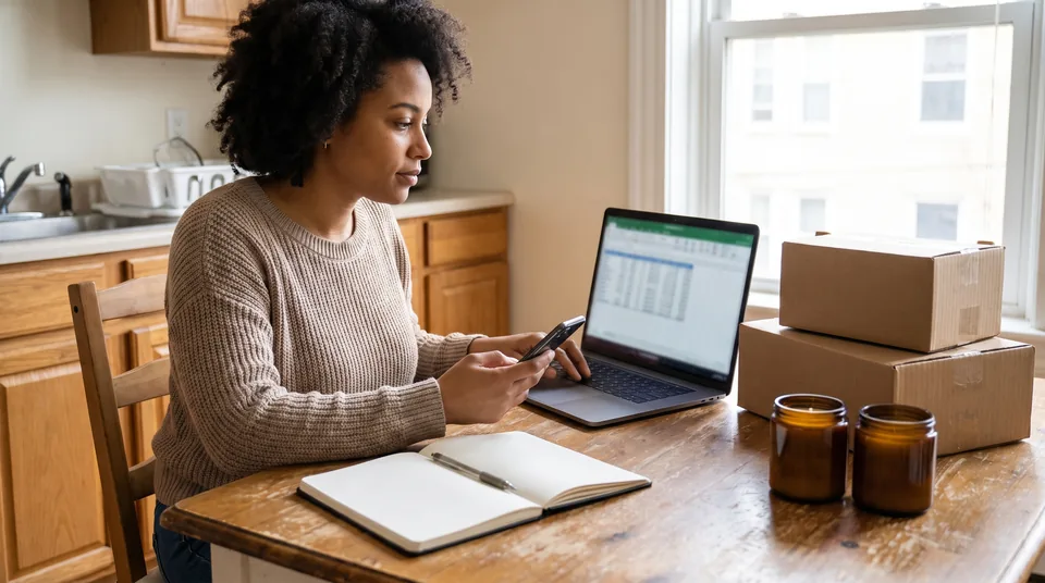 Small brand owner at a kitchen table reconciling creator payments on a laptop beside packed product boxes