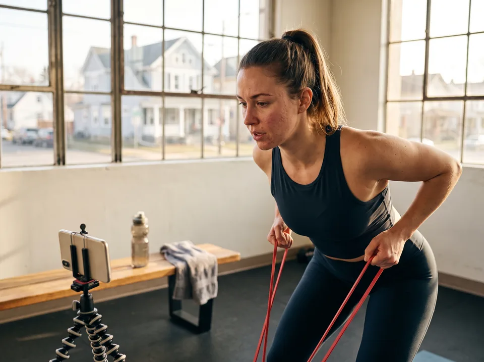 Fitness creator filming a sponsored workout video on a phone tripod in a gym