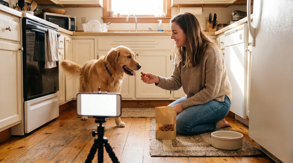 Pet creator filming her dog tasting a new treat on a phone tripod in a home kitchen