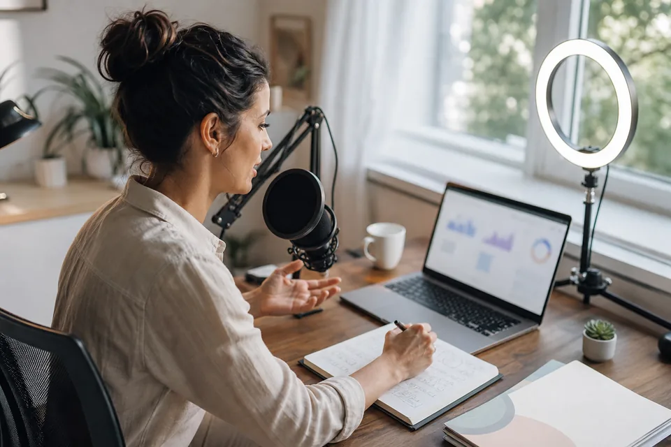 Software creator recording a screen-share tutorial at a home office desk with a microphone and ring light